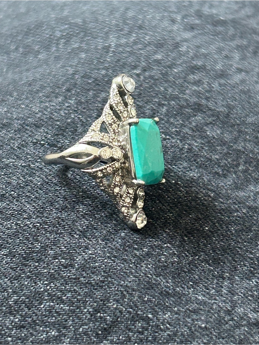 Emerald-Cut Teal Statement Ring with Vintage Filigree